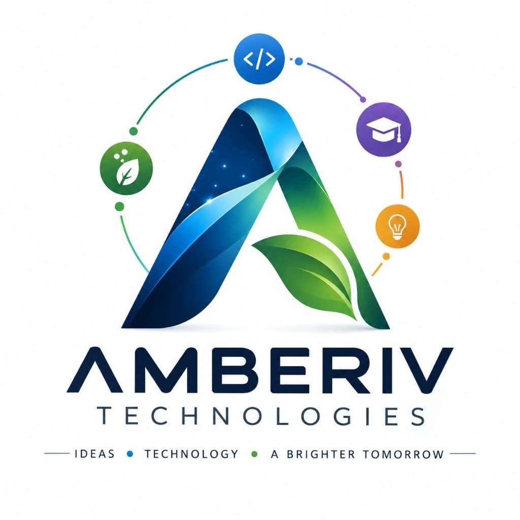 Amberiv Technologies mark: a folded letter A in blue and green, with leaves, and the words Ideas, Technology, a brighter tomorrow.